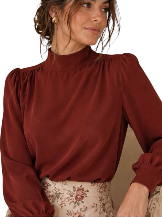 Joie Tops - Joie Rust Burgundy Mock Neck Blouse Puff Sleeve Quiet Luxury Small Petite